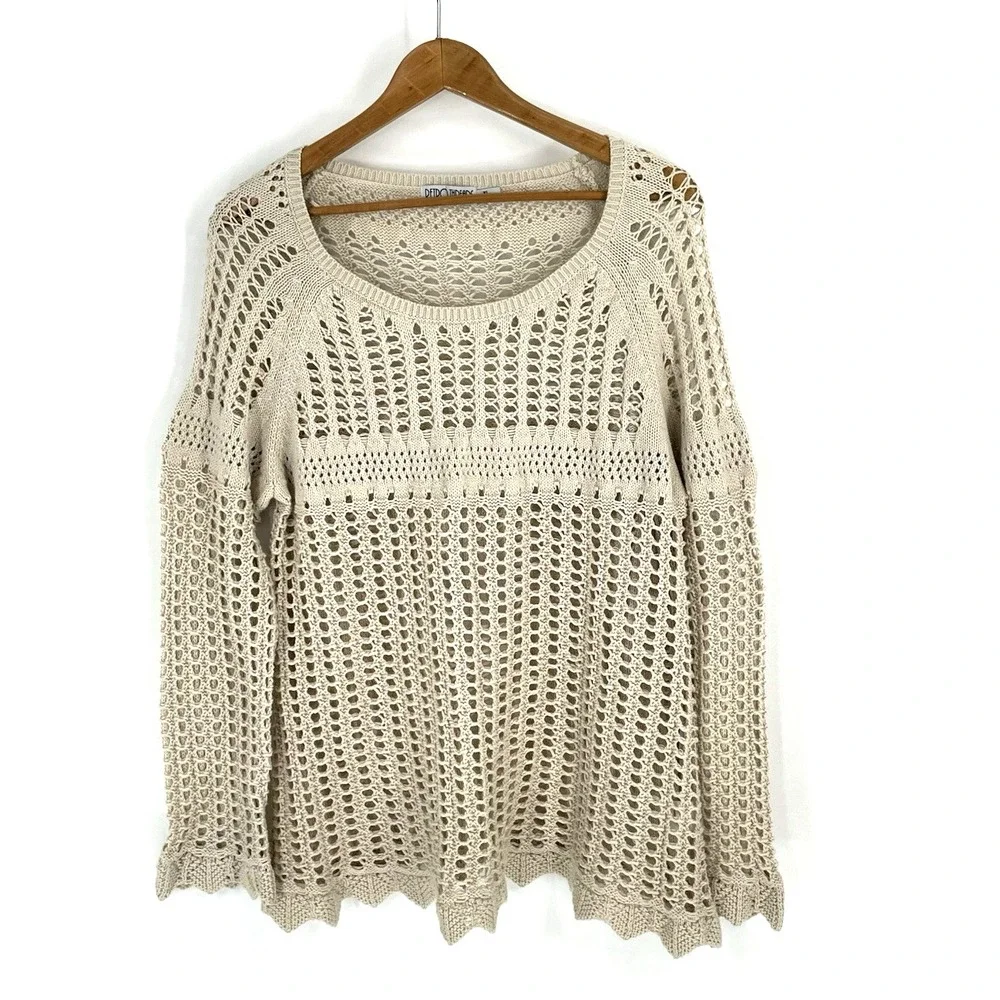 Retro Threads Crochet Sweater Womens XL Beige Open Knit Bell Sleeve Boho Hippie - Picture 1 of 10